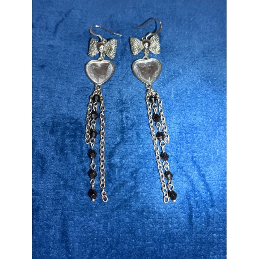 Y2K Blk and Sil Tone Metal Link Tassel Heart Bow Rhinestone Dangle Drop Earrings